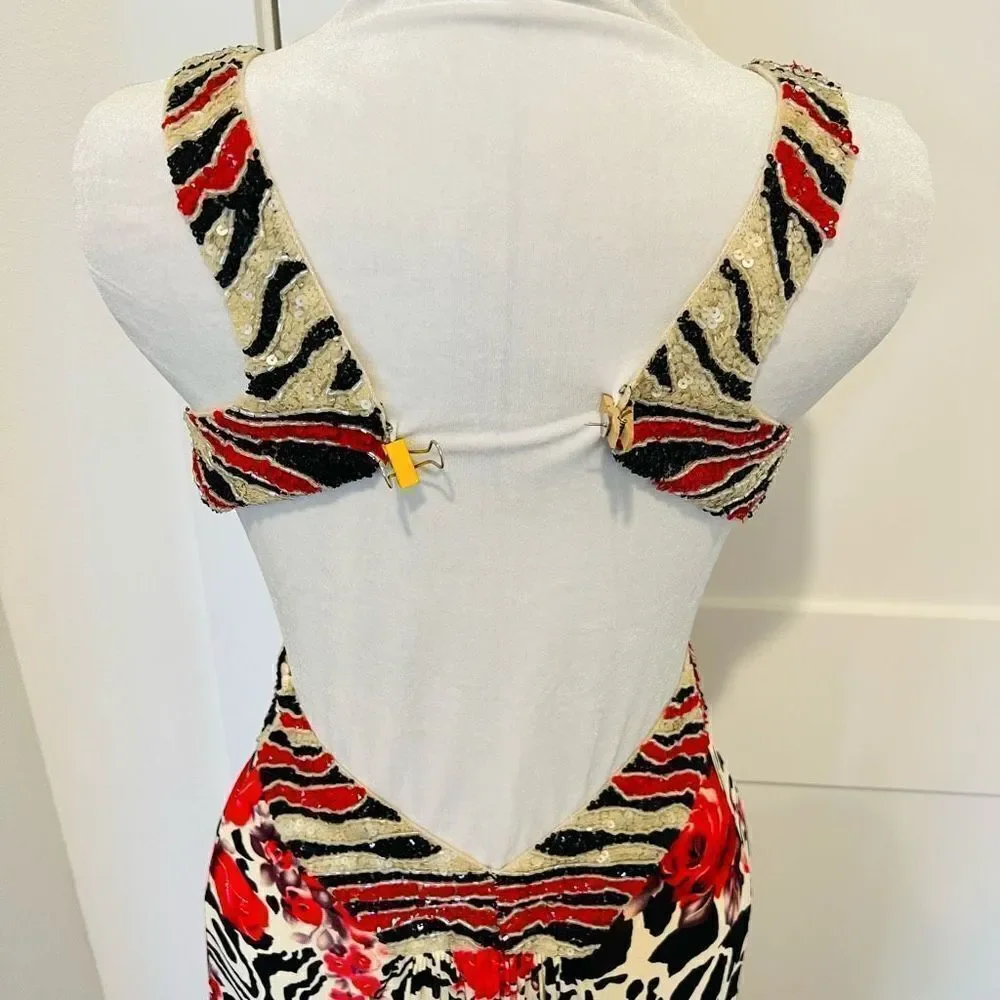La Femme Women’s Size 0 Floral Print Open Back Formal Gown Maxi Dress Red Prom